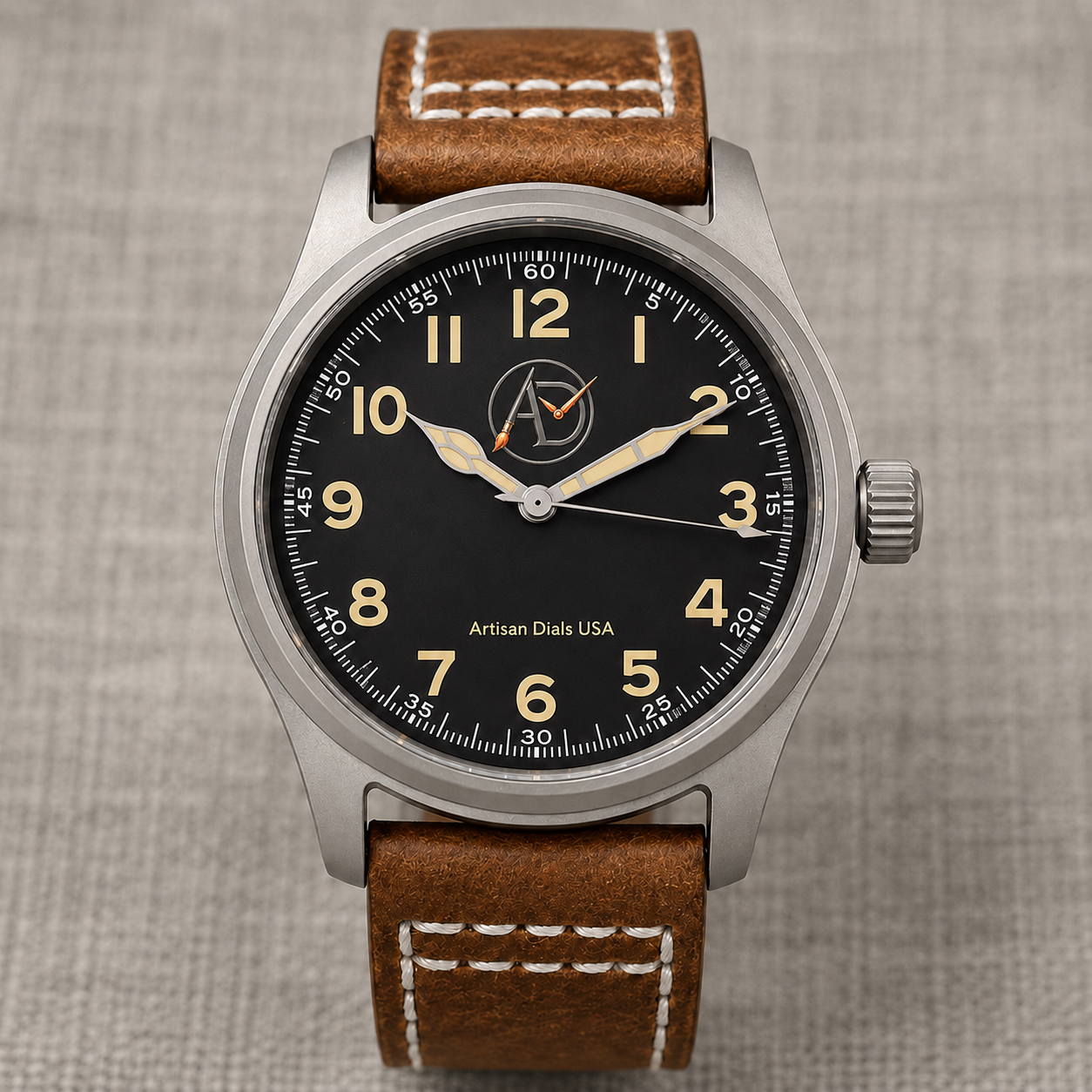 Completed Artisan Dials custom watch — silver case with black dial on brown leather strap, NH35 automatic movement