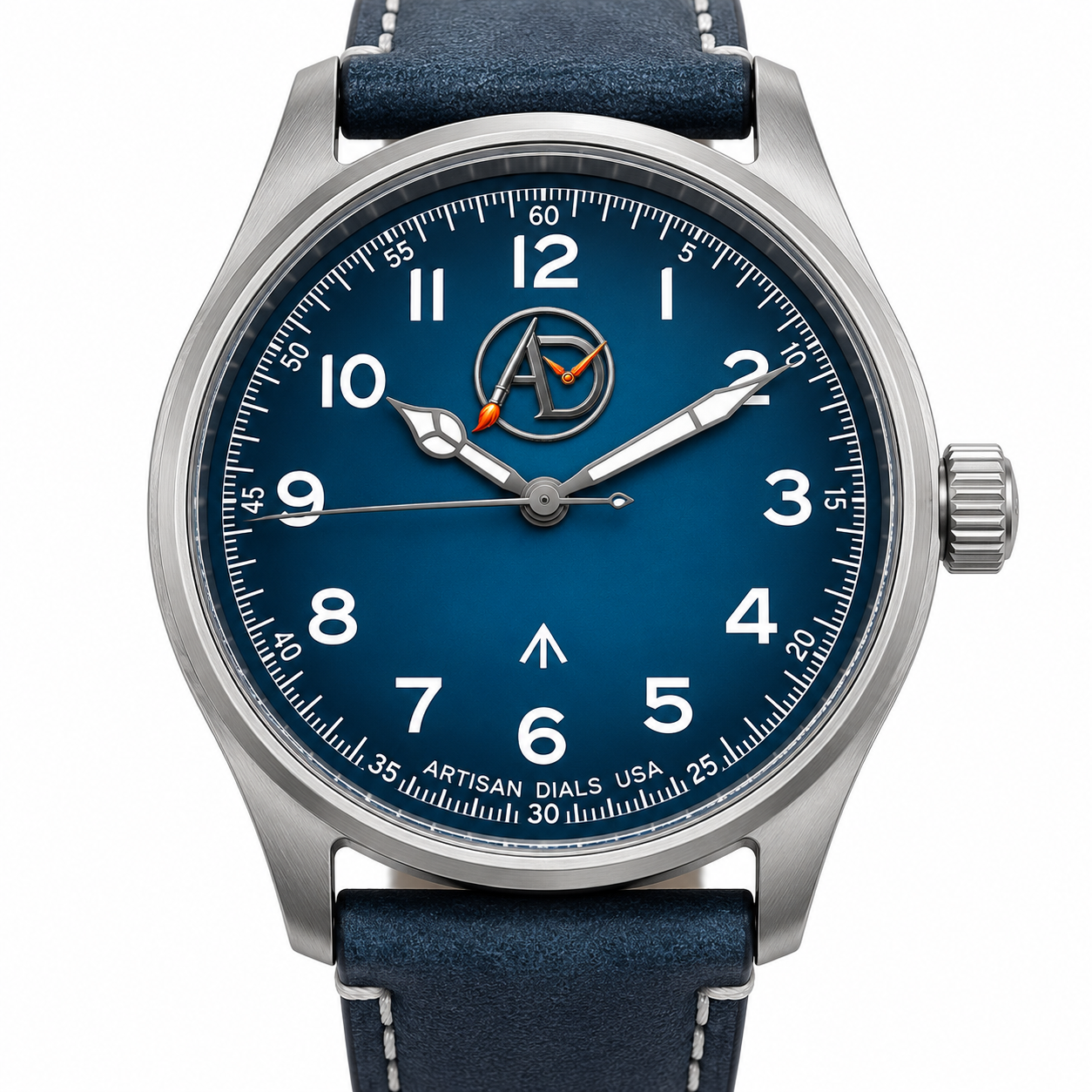 Completed Artisan Dials custom watch — silver case with blue dial on leather strap, NH36 automatic movement with day-date