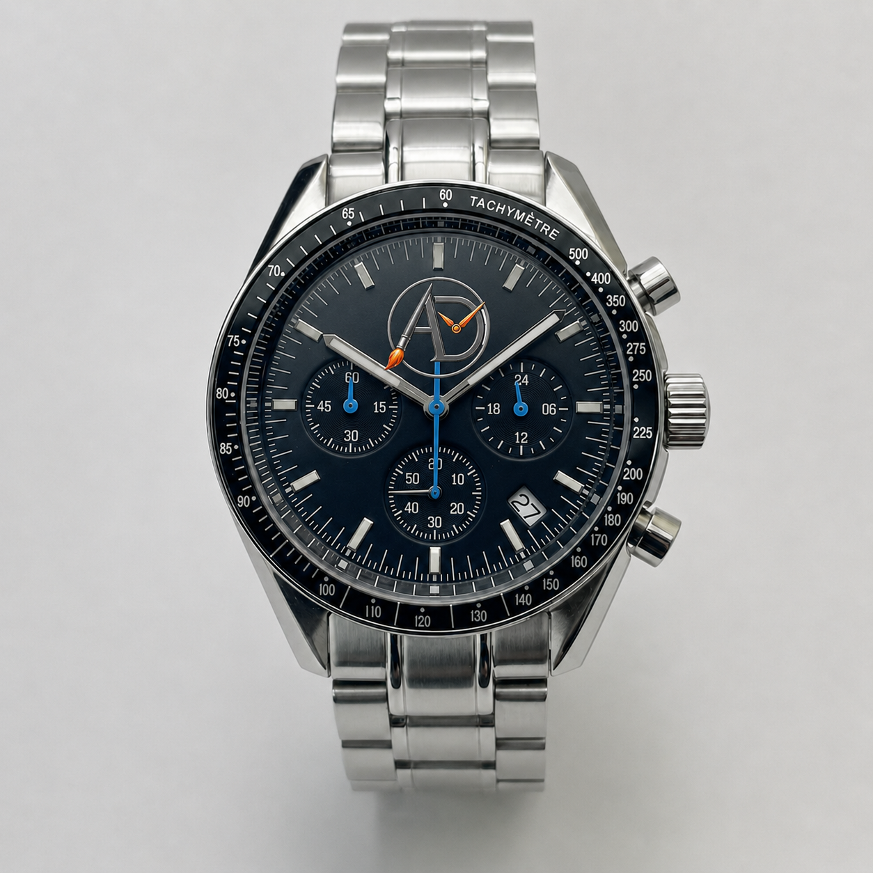 Completed Artisan Dials VK63 chronograph watch — stainless steel case with steel bracelet, three-register dial