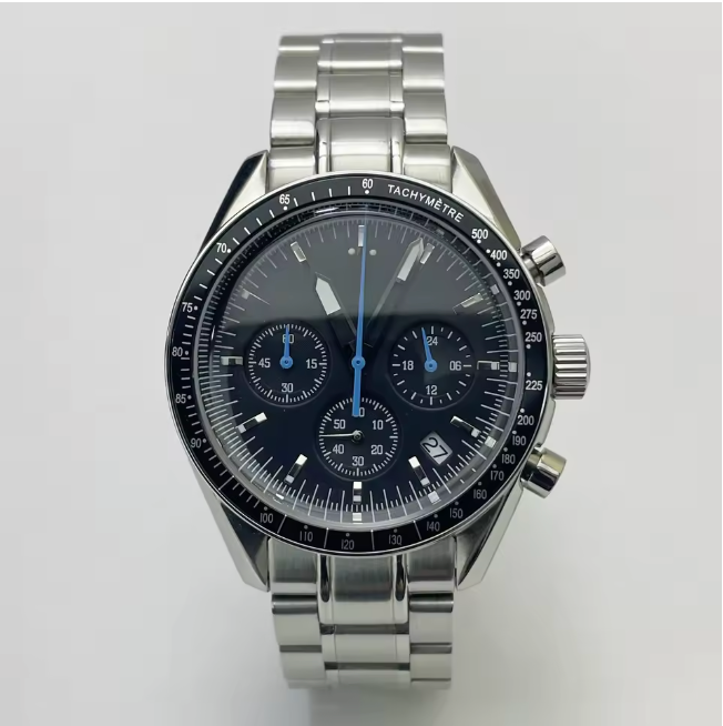 Completed Artisan Dials VK63 chronograph watch — stainless steel case with black dial and steel bracelet