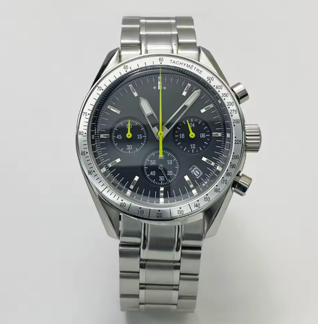 Completed Artisan Dials VK64 bicompax chronograph watch — stainless steel case with black dial, two-register layout